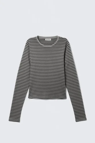 Slim Long-Sleeved Cotton Top – Black & Grey Stripes