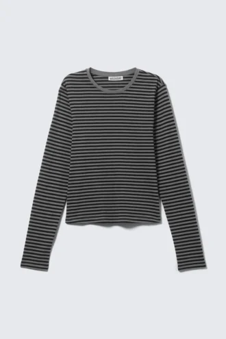 Slim Long-Sleeved Cotton Top – Black & Grey Stripes