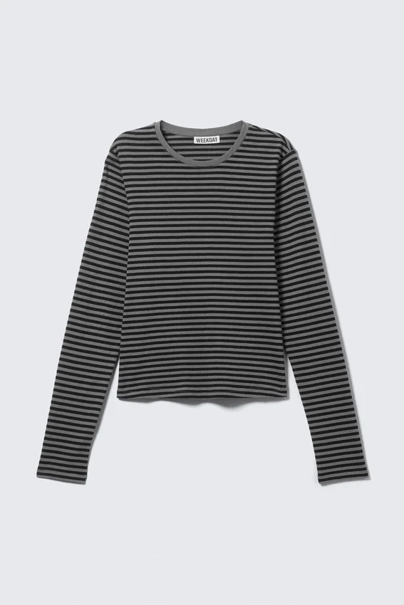 Slim Long-Sleeved Cotton Top – Black & Grey Stripes Slim Long-Sleeved Cotton Top – Black & Grey Stripes