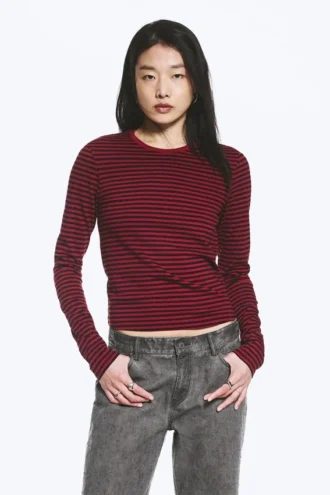 Slim Long-Sleeved Cotton Top – Striped Dark Red