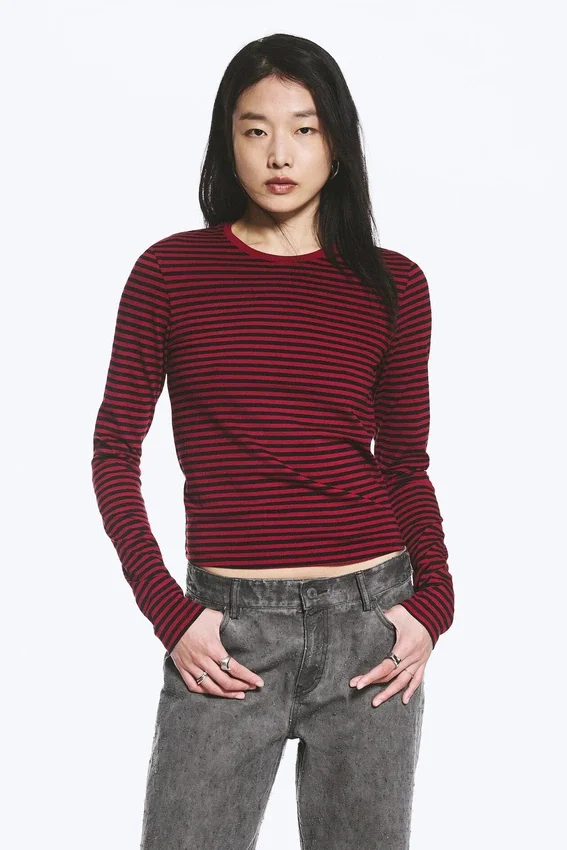 Slim Long-Sleeved Cotton Top – Striped Dark Red Slim Long-Sleeved Cotton Top – Striped Dark Red