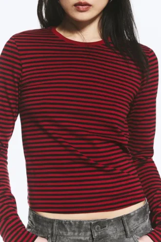 Slim Long-Sleeved Cotton Top – Striped Dark Red