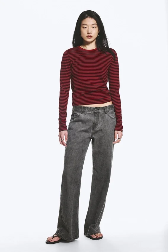 Slim Long-Sleeved Cotton Top – Striped Dark Red Slim Long-Sleeved Cotton Top – Striped Dark Red