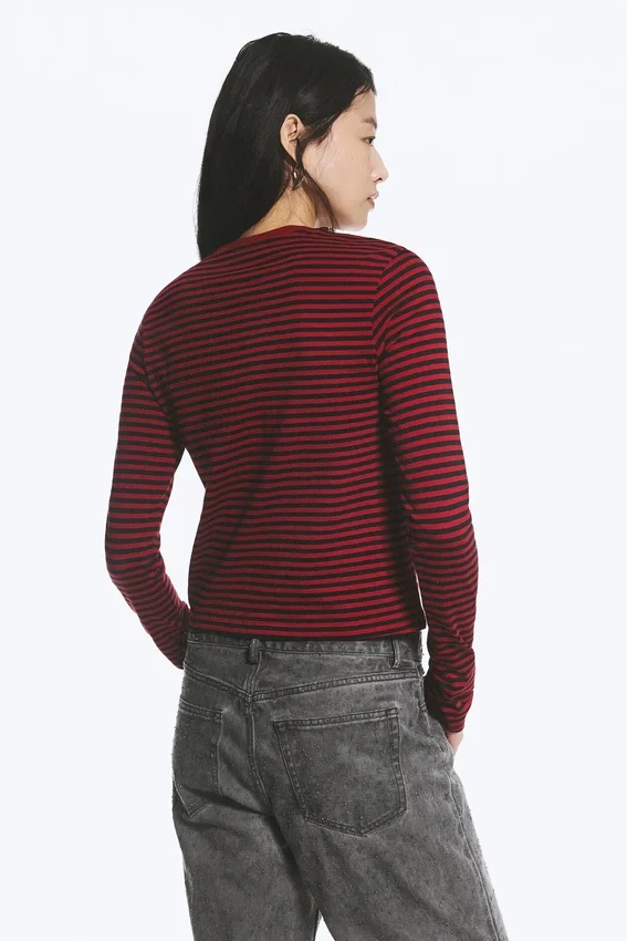 Slim Long-Sleeved Cotton Top – Striped Dark Red Slim Long-Sleeved Cotton Top – Striped Dark Red