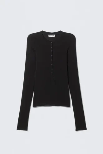 Slim Long-Sleeved Henley Top – Black
