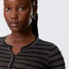 Slim Long-Sleeved Henley Top – Black & Grey Stripes Slim Long-Sleeved Henley Top – Black & Grey Stripes