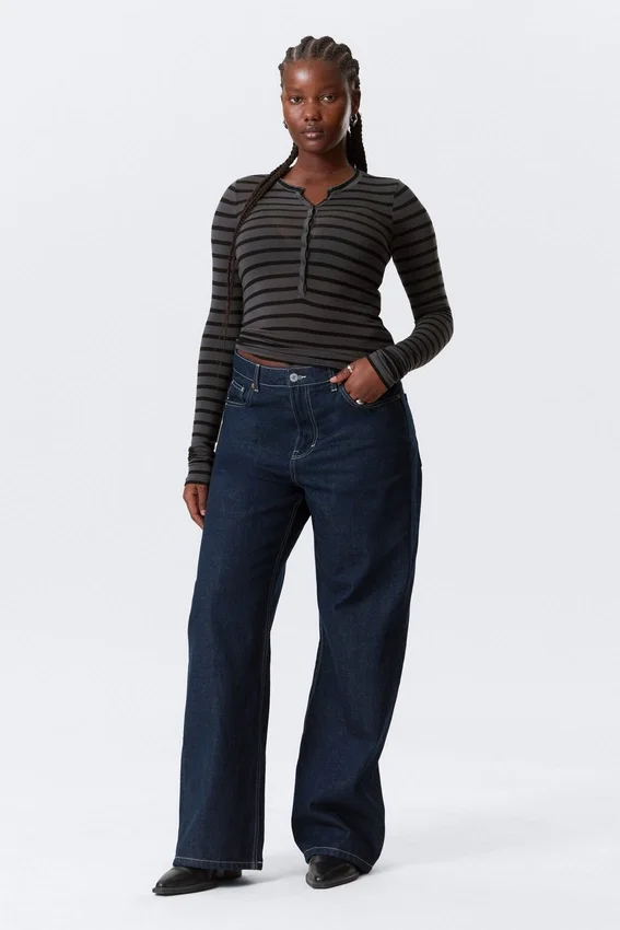 Slim Long-Sleeved Henley Top – Black & Grey Stripes Slim Long-Sleeved Henley Top – Black & Grey Stripes