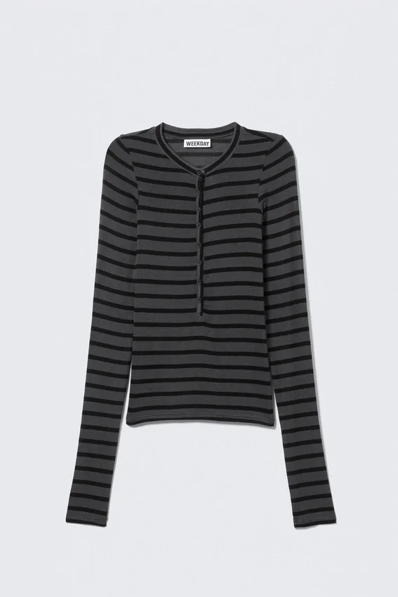 Slim Long-Sleeved Henley Top – Black & Grey Stripes Slim Long-Sleeved Henley Top – Black & Grey Stripes