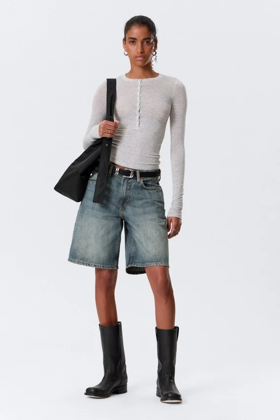 Slim Long-Sleeved Henley Top – Grey Melange Slim Long-Sleeved Henley Top – Grey Melange