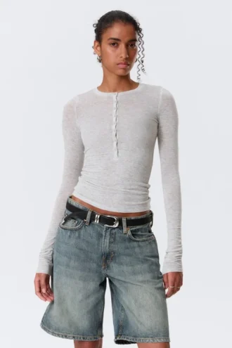 Slim Long-Sleeved Henley Top – Grey Melange