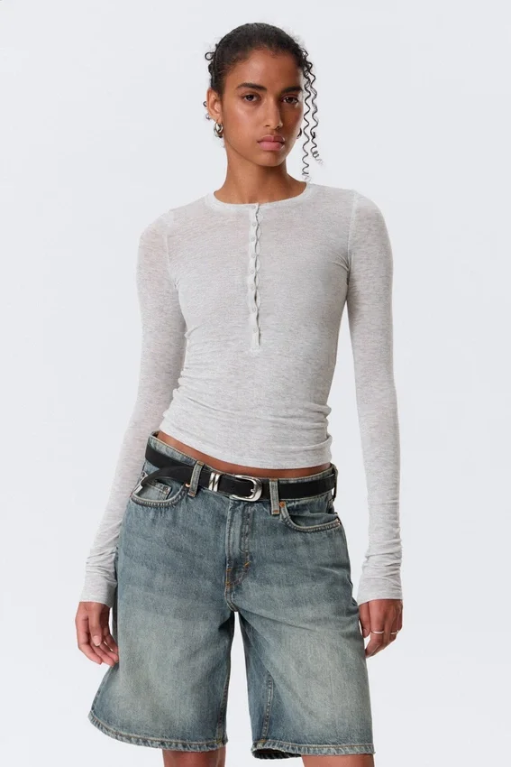 Slim Long-Sleeved Henley Top – Grey Melange Slim Long-Sleeved Henley Top – Grey Melange