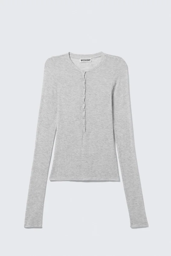 Slim Long-Sleeved Henley Top – Grey Melange Slim Long-Sleeved Henley Top – Grey Melange