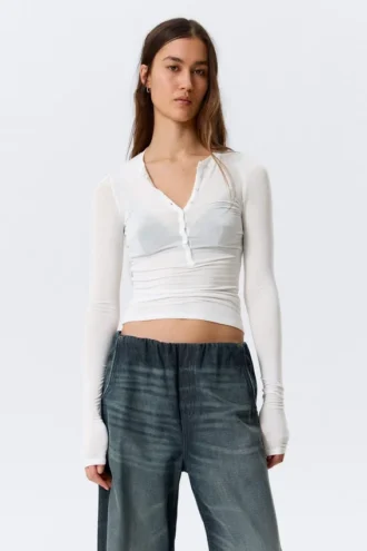 Slim Long-Sleeved Henley Top – White