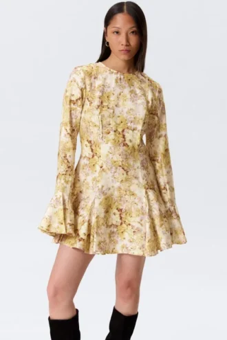 Slim Long-Sleeved Mini Flounce Dress – Yellow Floral Print