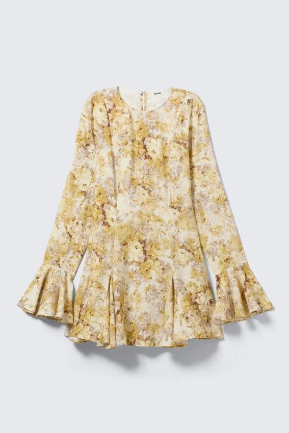 Slim Long-Sleeved Mini Flounce Dress – Yellow Floral Print Slim Long-Sleeved Mini Flounce Dress – Yellow Floral Print
