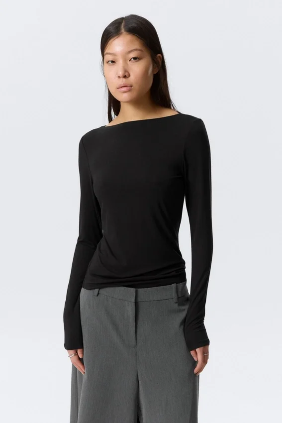 Slim Long-Sleeved Open Back Top – Black Slim Long-Sleeved Open Back Top – Black