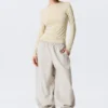 Slim Long-Sleeved Open Back Top – Light Dusty Beige Slim Long-Sleeved Open Back Top – Light Dusty Beige