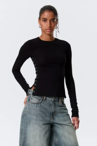 Slim Long-Sleeved Press Stud Top – Black