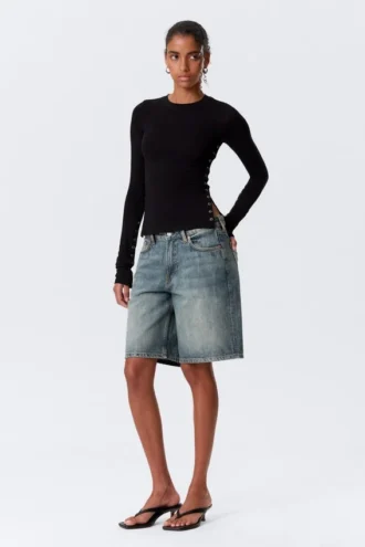 Slim Long-Sleeved Press Stud Top – Black