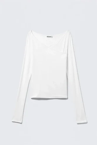 Slim Long-Sleeved Wrap Top – White