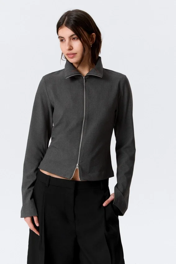 Slim Long-Sleeved Zip Shirt – Dark Grey Melange Slim Long-Sleeved Zip Shirt – Dark Grey Melange