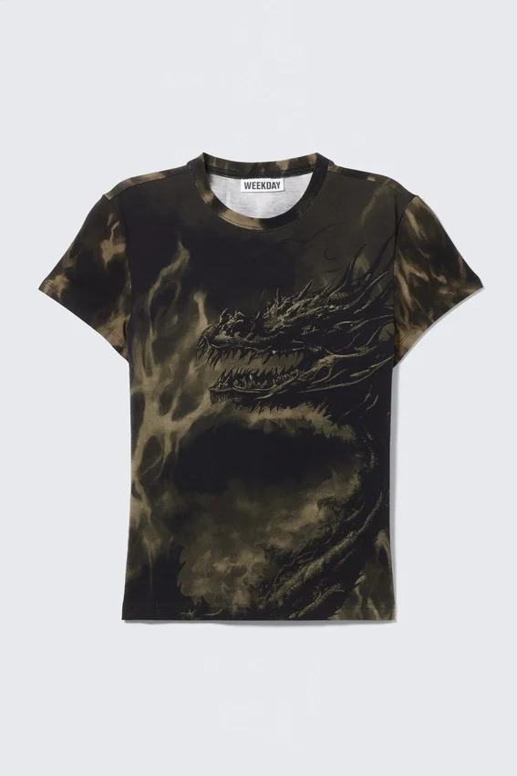 Slim Printed Baby Tee – Dark Brown – Dragon Slim Printed Baby Tee – Dark Brown – Dragon