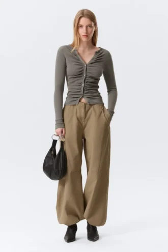 Slim Ruched Button-Front Cardigan – Dark Grey