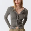 Slim Ruched Button-Front Cardigan – Dark Grey Slim Ruched Button-Front Cardigan – Dark Grey