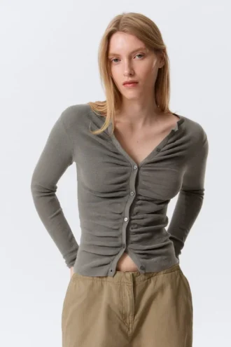 Slim Ruched Button-Front Cardigan – Dark Grey