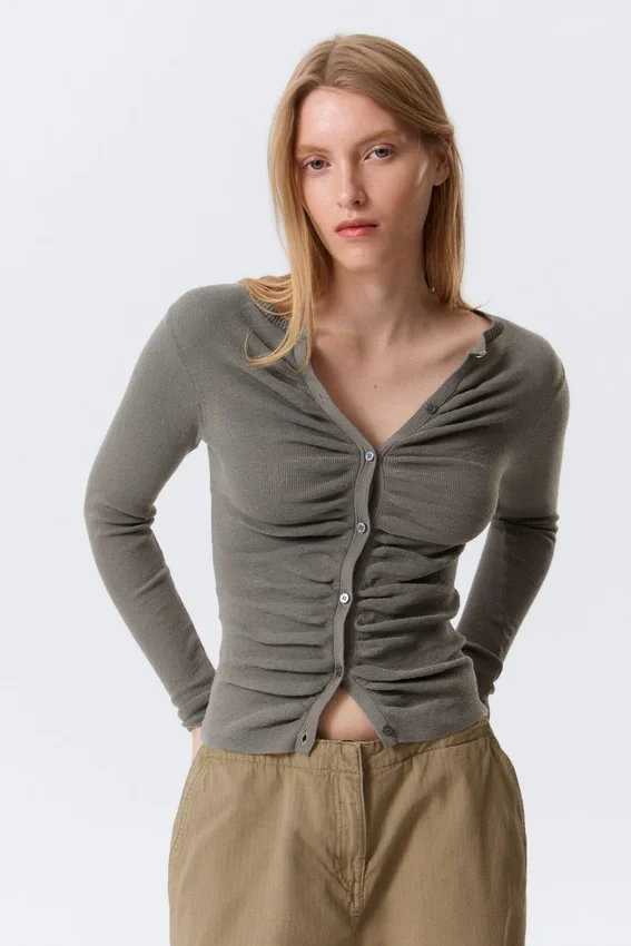 Slim Ruched Button-Front Cardigan – Dark Grey Slim Ruched Button-Front Cardigan – Dark Grey