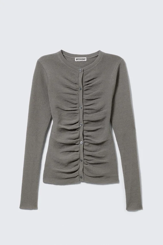 Slim Ruched Button-Front Cardigan – Dark Grey Slim Ruched Button-Front Cardigan – Dark Grey