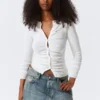 Slim Ruched Button-Front Cardigan – Off-White Slim Ruched Button-Front Cardigan – Off-White
