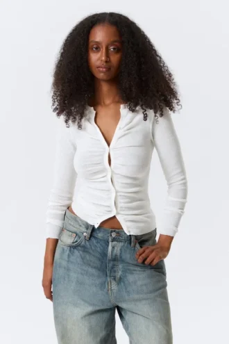 Slim Ruched Button-Front Cardigan – Off-White