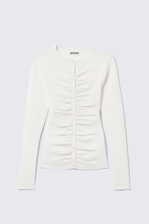 Slim Ruched Button-Front Cardigan – Off-White Slim Ruched Button-Front Cardigan – Off-White