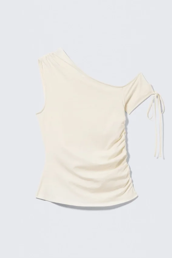 Slim Ruched Off-Shoulder Top – Off-White Slim Ruched Off-Shoulder Top – Off-White