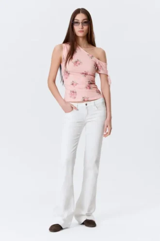 Slim Ruched Off-Shoulder Top – Pink – Floral
