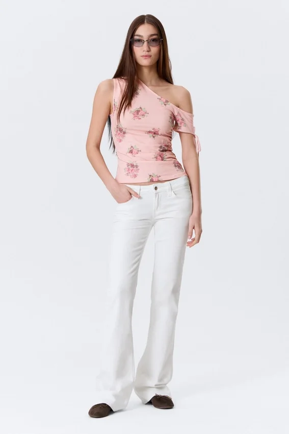 Slim Ruched Off-Shoulder Top – Pink – Floral Slim Ruched Off-Shoulder Top – Pink – Floral