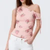 Slim Ruched Off-Shoulder Top – Pink – Floral Slim Ruched Off-Shoulder Top – Pink – Floral