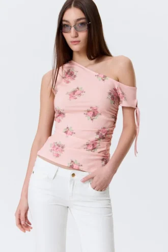 Slim Ruched Off-Shoulder Top – Pink – Floral