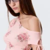 Slim Ruched Off-Shoulder Top – Pink – Floral Slim Ruched Off-Shoulder Top – Pink – Floral