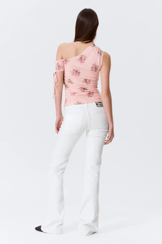 Slim Ruched Off-Shoulder Top – Pink – Floral Slim Ruched Off-Shoulder Top – Pink – Floral