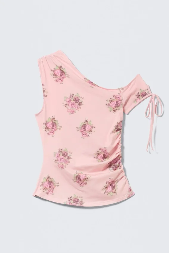 Slim Ruched Off-Shoulder Top – Pink – Floral Slim Ruched Off-Shoulder Top – Pink – Floral