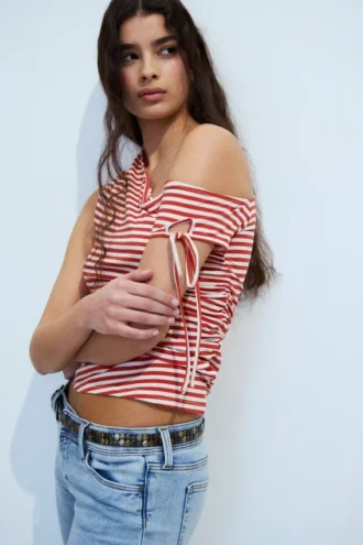 Slim Ruched Off-Shoulder Top – Red/White Stripe