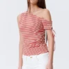 Slim Ruched Off-Shoulder Top – Red/White Stripe Slim Ruched Off-Shoulder Top – Red/White Stripe