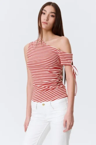 Slim Ruched Off-Shoulder Top – Red/White Stripe