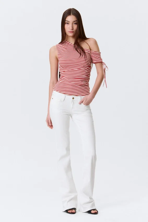 Slim Ruched Off-Shoulder Top – Red/White Stripe Slim Ruched Off-Shoulder Top – Red/White Stripe
