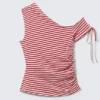Slim Ruched Off-Shoulder Top – Red/White Stripe Slim Ruched Off-Shoulder Top – Red/White Stripe