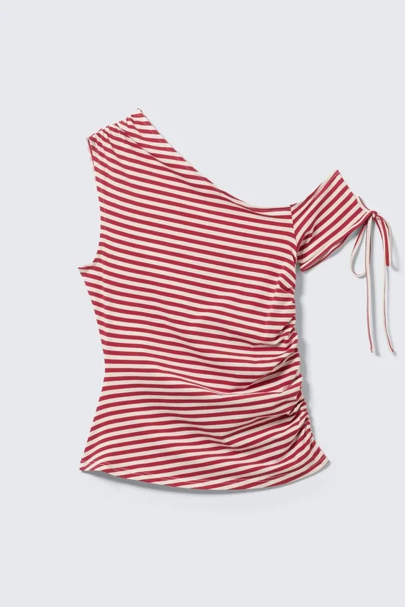 Slim Ruched Off-Shoulder Top – Red/White Stripe Slim Ruched Off-Shoulder Top – Red/White Stripe