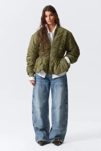 Slim Ruched Peplum Bomber Jacket – Khaki Green