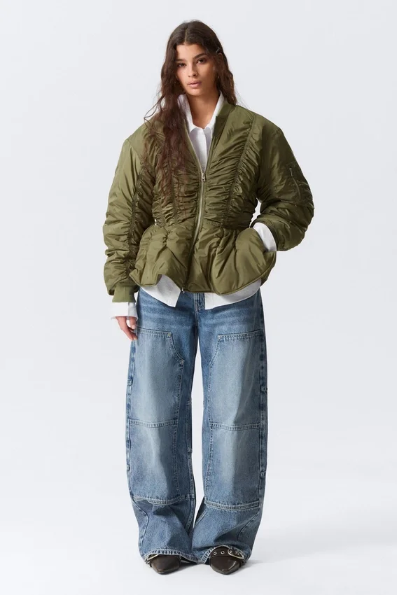 Slim Ruched Peplum Bomber Jacket – Khaki Green Slim Ruched Peplum Bomber Jacket – Khaki Green